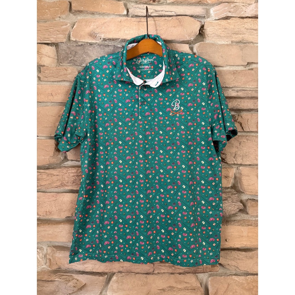 Barstool Golf Mens Small Green Peach Azalea Pimento Novelty Performance Polo